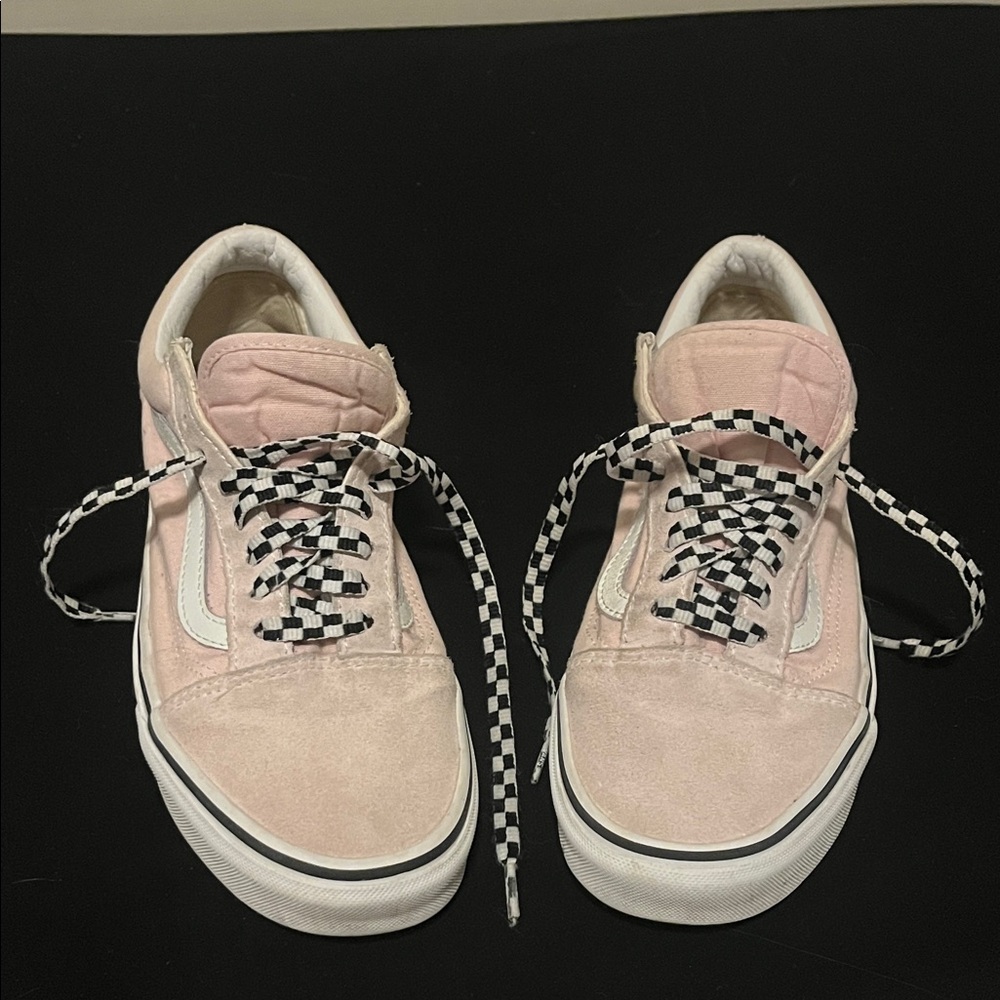 Pink suede Vans with Checkered Laces